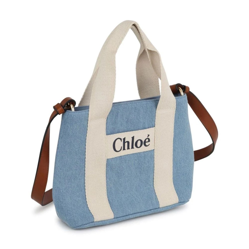 【Chloe’ 蔻依】CHC24SB200046Z10 經典LOGO帆布牛皮飾邊手提斜背包(藍色)