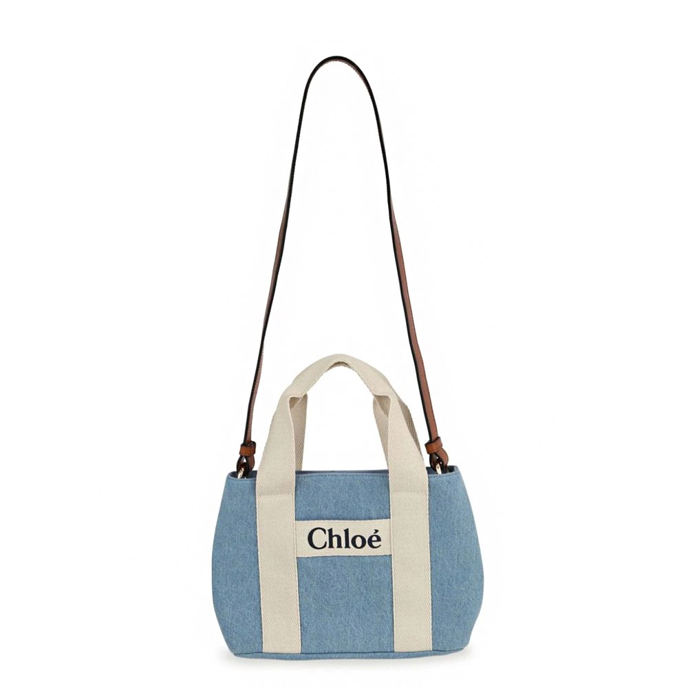【Chloe’ 蔻依】CHC24SB200046Z10 經典LOGO帆布牛皮飾邊手提斜背包(藍色)
