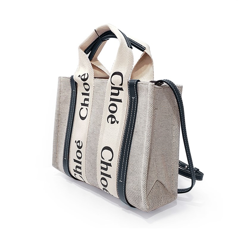 【Chloe’ 蔻依】CHC22AS397I2691J 經典小號Woody帆布皮革飾邊手提斜背購物包(藍黑色)