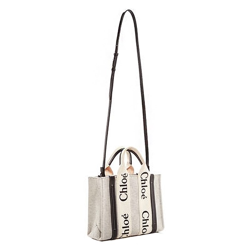 【Chloe’ 蔻依】CHC22AS397I2691J 經典小號Woody帆布皮革飾邊手提斜背購物包(藍黑色)