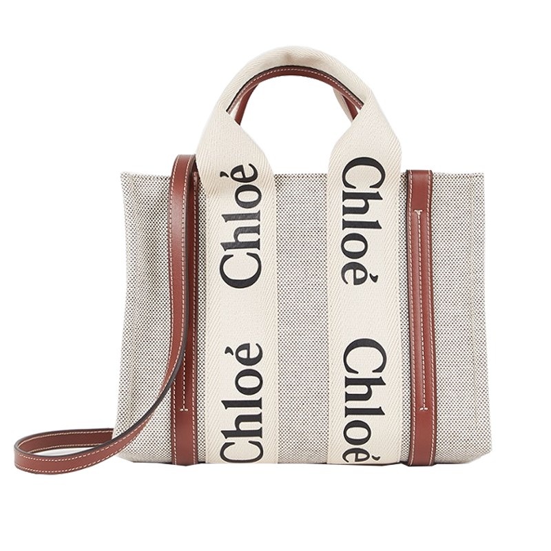 【Chloe’ 蔻依】CHC22AS397I2690U經典小號Woody帆布皮革飾邊手提斜背購物包(棕色)