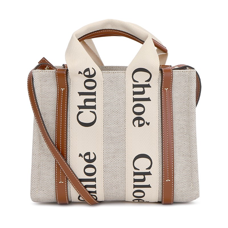【Chloe’ 蔻依】CHC22AS397I2690U經典小號Woody帆布皮革飾邊手提斜背購物包(棕色)
