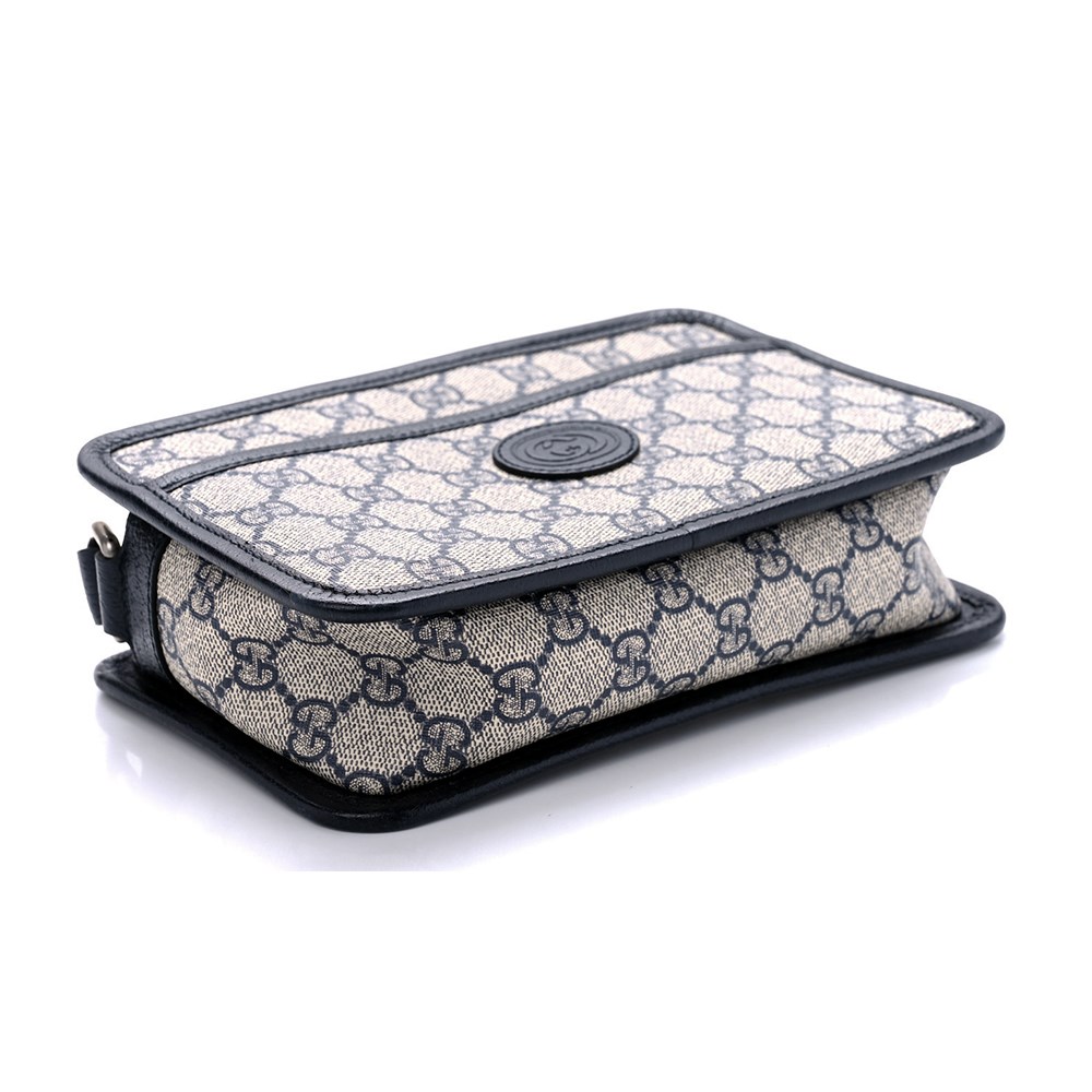 【GUCCI 古馳】658572 經典INTERLOCKING G系列帆布迷你斜背包(藍黑色)