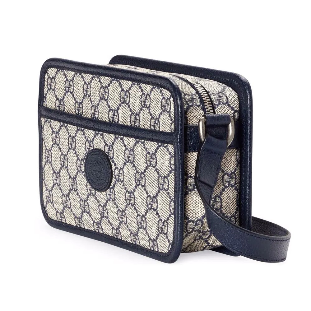 【GUCCI 古馳】658572 經典INTERLOCKING G系列帆布迷你斜背包(藍黑色)
