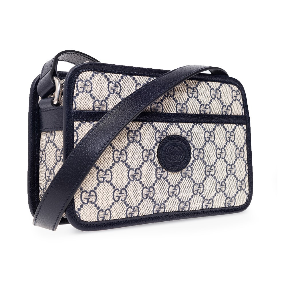 【GUCCI 古馳】658572 經典INTERLOCKING G系列帆布迷你斜背包(藍黑色)