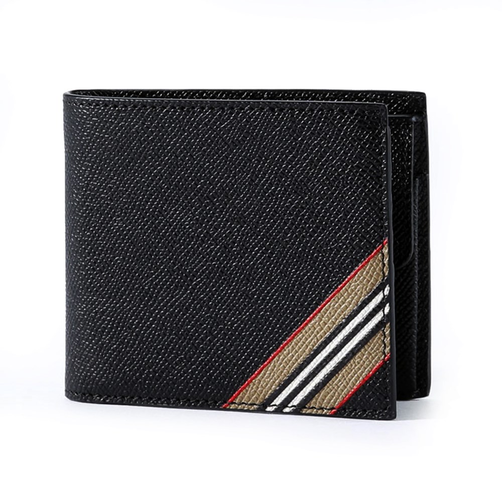 【BURBERRY 巴寶莉】80338461經典素面條紋牛皮零錢袋對開錢包短夾(黑色)