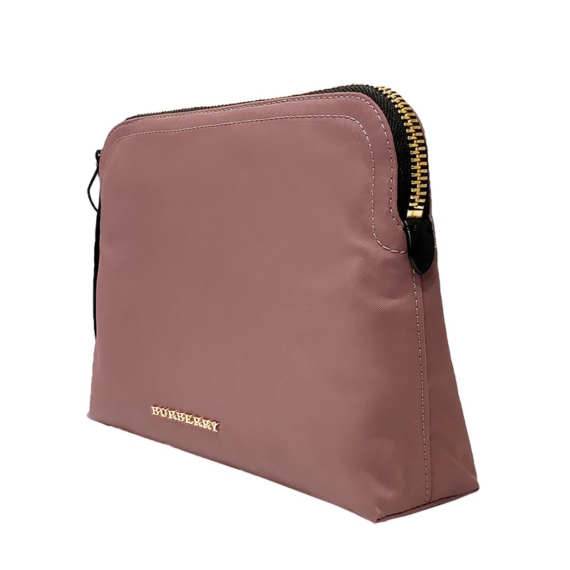 【BURBERRY 巴寶莉】40209111 素面尼龍拉鍊金色LOGO化妝包/盥洗包(粉色)