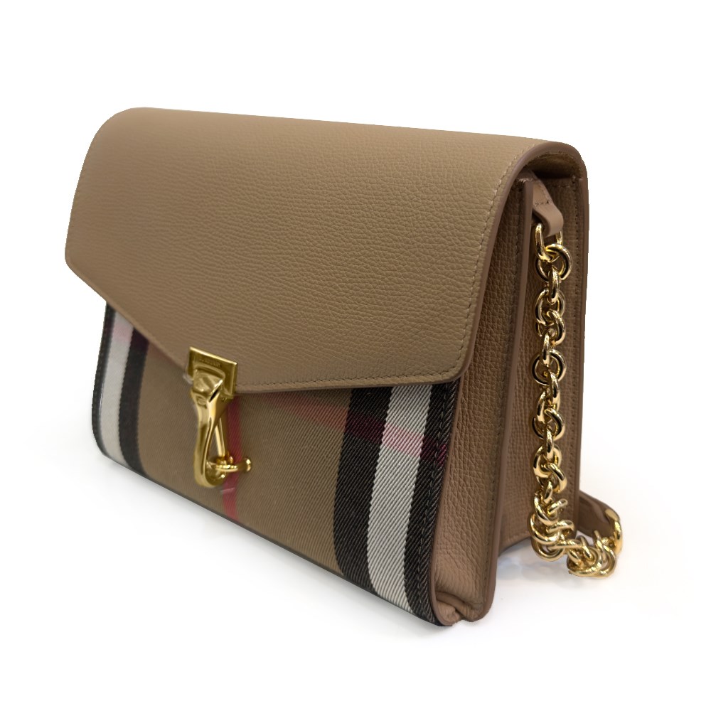 【BURBERRY 巴寶莉】80801581 經典Small Macken系列格紋棉麻拼色肩背/斜背郵差包(米色)