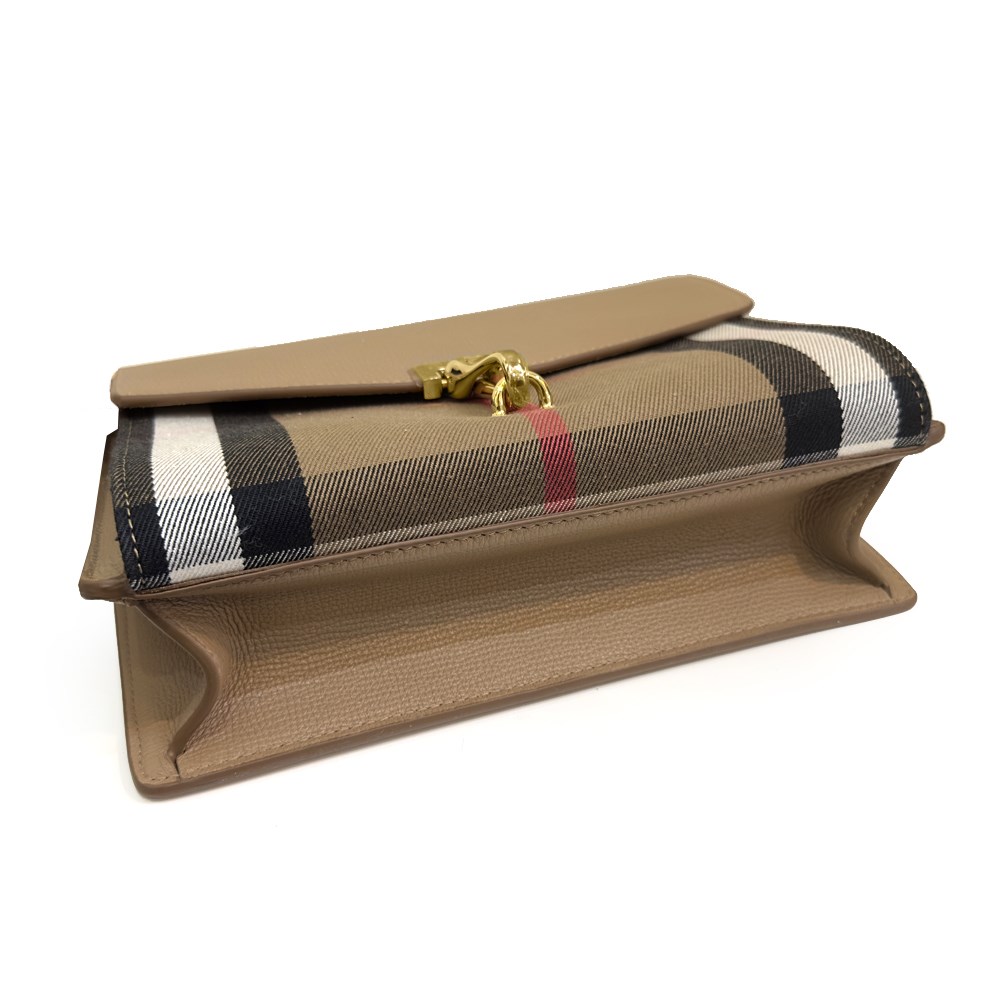 【BURBERRY 巴寶莉】80801581 經典Small Macken系列格紋棉麻拼色肩背/斜背郵差包(米色)