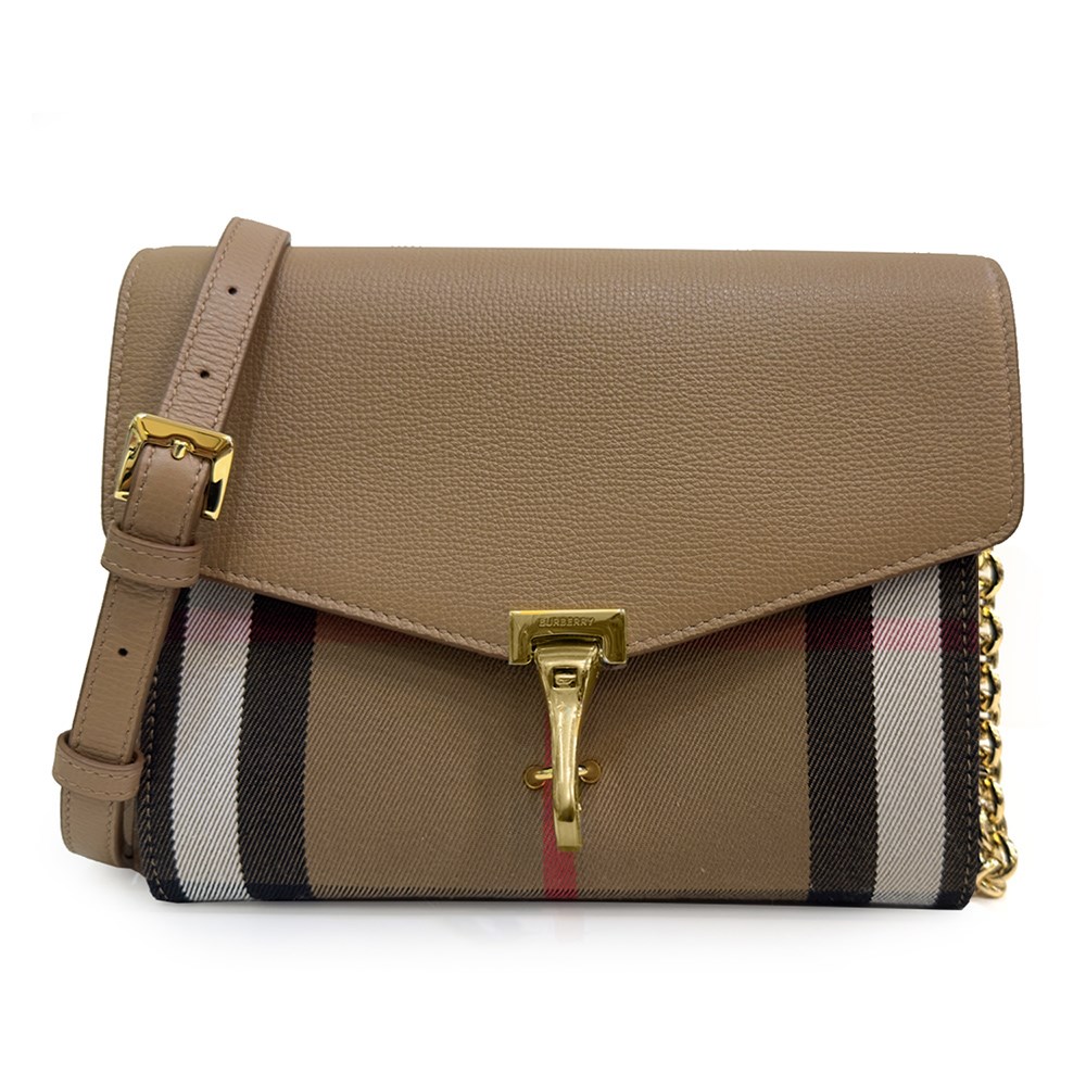 【BURBERRY 巴寶莉】80801581 經典Small Macken系列格紋棉麻拼色肩背/斜背郵差包(米色)