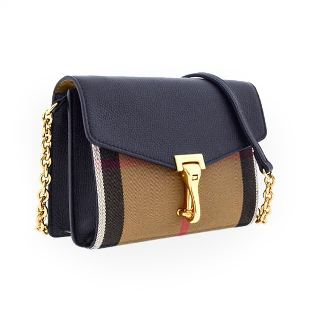 【BURBERRY 巴寶莉】80670451 經典Baby Macken系列格紋棉麻拼色迷你肩背/斜背郵差包(深藍色)