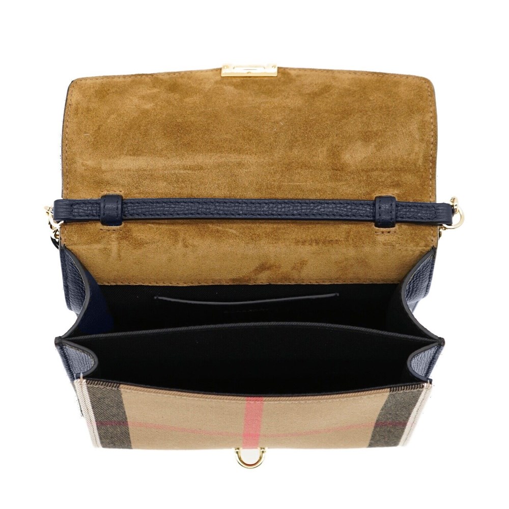 【BURBERRY 巴寶莉】80670451 經典Baby Macken系列格紋棉麻拼色迷你肩背/斜背郵差包(深藍色)