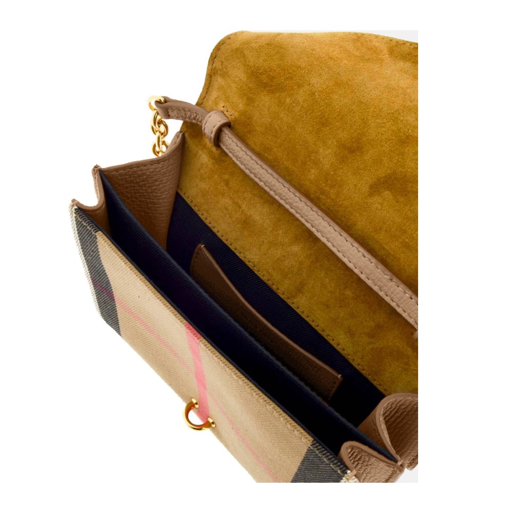 【BURBERRY 巴寶莉】80801751 經典Baby Macken系列格紋棉麻拼色迷你肩背/斜背郵差包(米色)