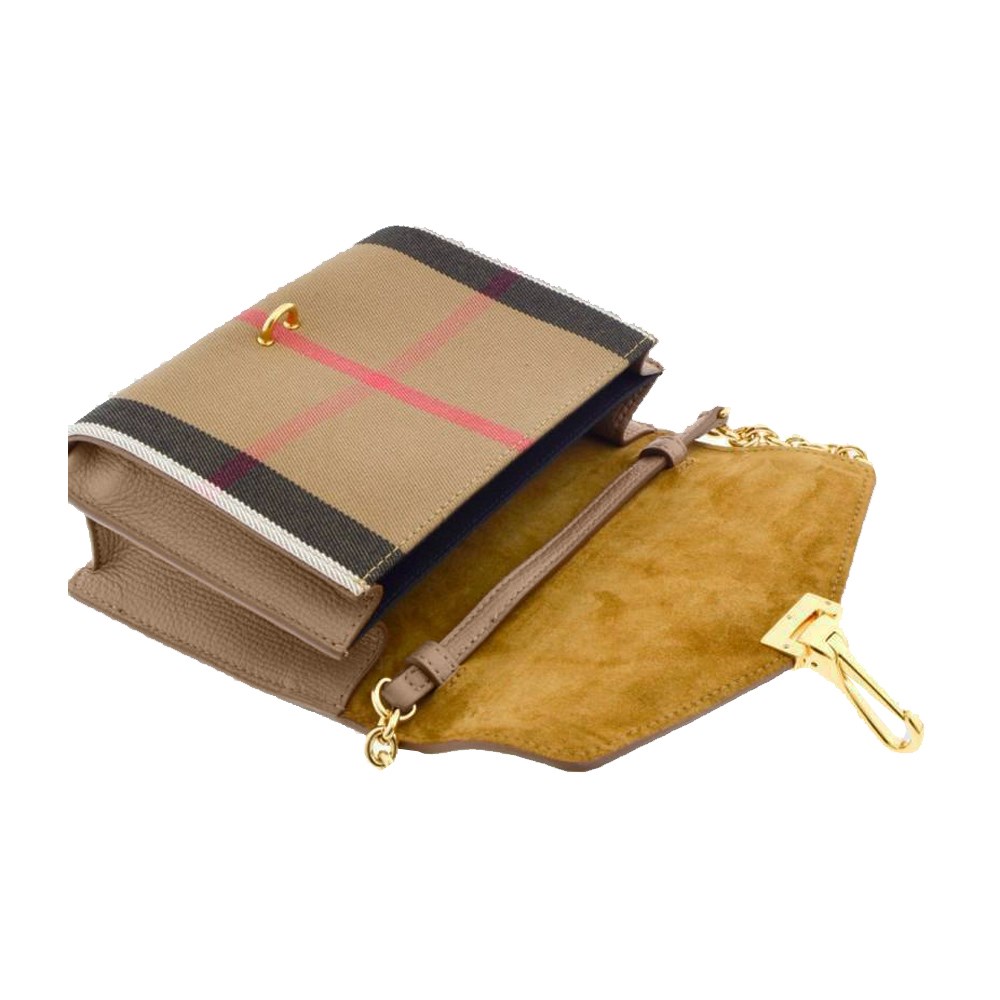 【BURBERRY 巴寶莉】80801751 經典Baby Macken系列格紋棉麻拼色迷你肩背/斜背郵差包(米色)