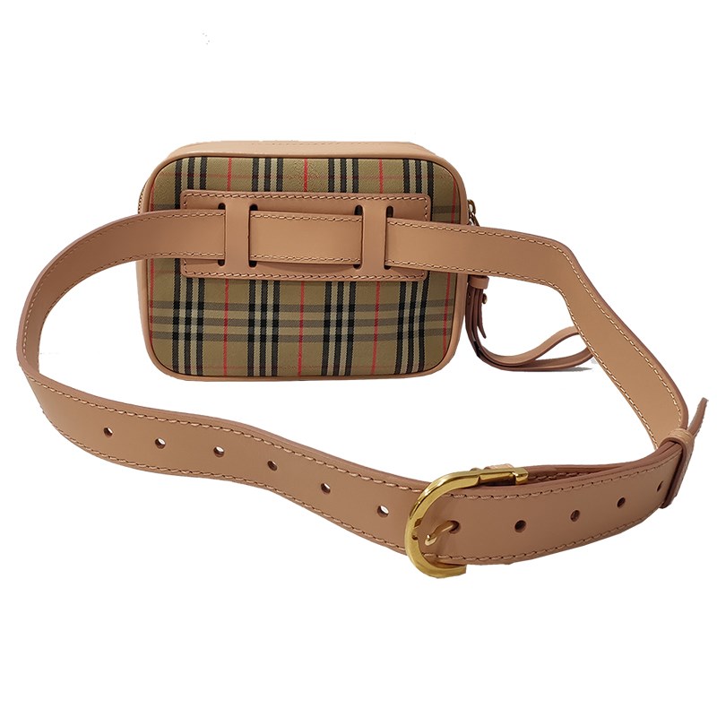 【BURBERRY 巴寶莉】80075101 經典格紋帆布鎖鏈裝飾皮革飾邊胸腰包(粉色)