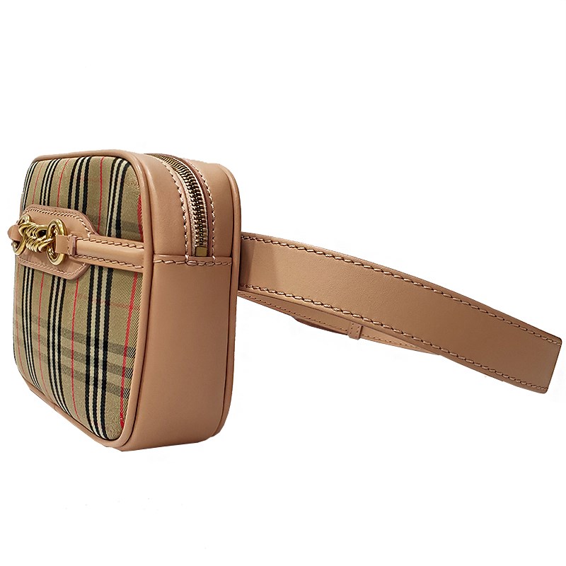 【BURBERRY 巴寶莉】80075101 經典格紋帆布鎖鏈裝飾皮革飾邊胸腰包(粉色)