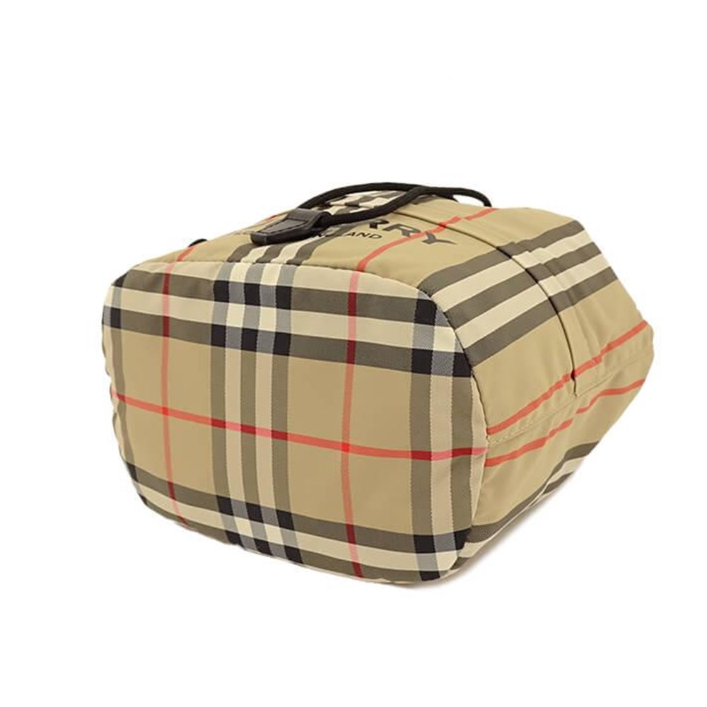 【BURBERRY 巴寶莉】80267371 經典格紋PHOEBE POUCH系列尼龍束繩手提肩背小水桶包(卡其色)