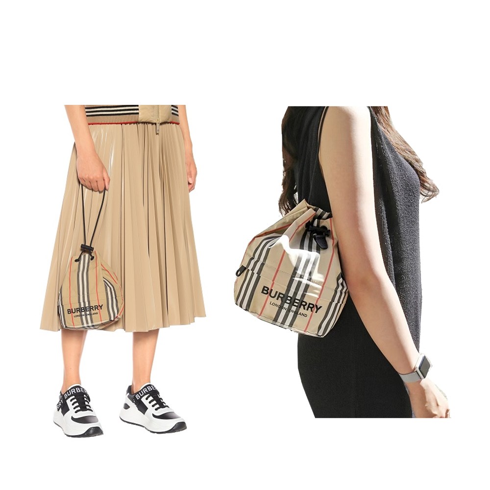 【BURBERRY 巴寶莉】80267371 經典格紋PHOEBE POUCH系列尼龍束繩手提肩背小水桶包(卡其色)