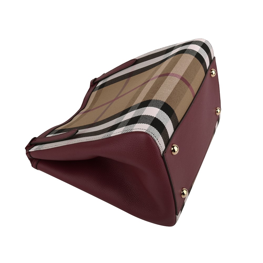 【BURBERRY 巴寶莉】80737871 經典格紋拼接皮革手提單肩包(酒紅色)