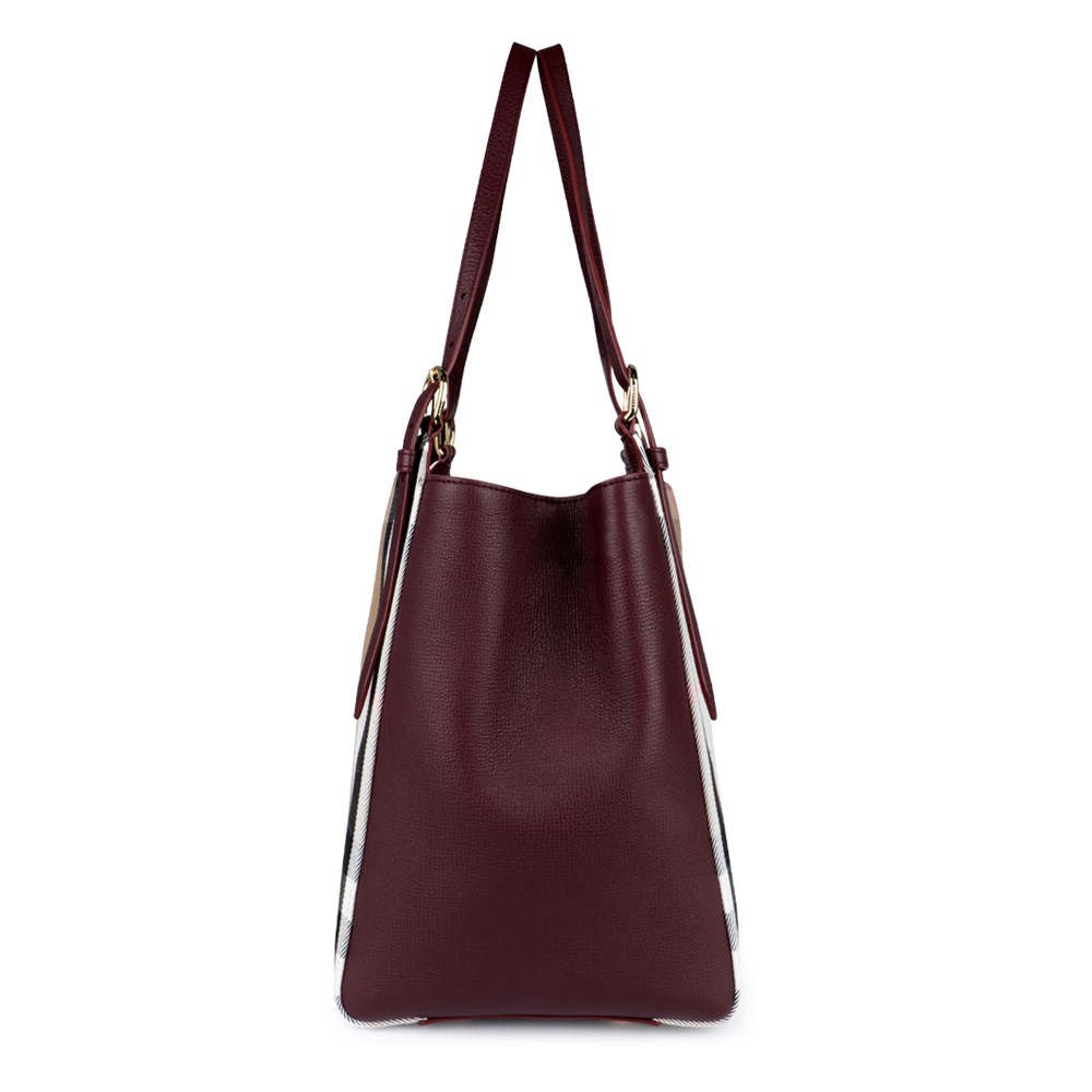 【BURBERRY 巴寶莉】80737871 經典格紋拼接皮革手提單肩包(酒紅色)