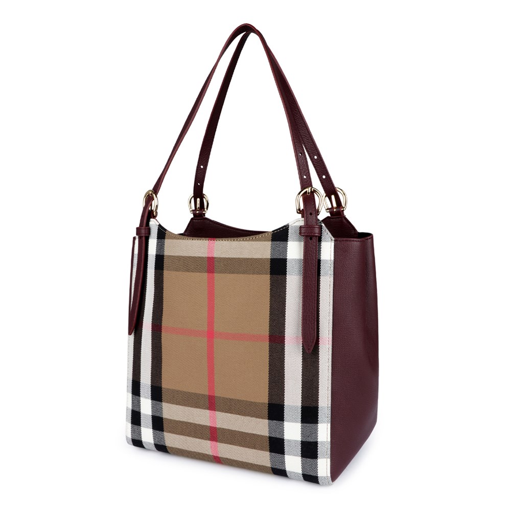 【BURBERRY 巴寶莉】80737871 經典格紋拼接皮革手提單肩包(酒紅色)
