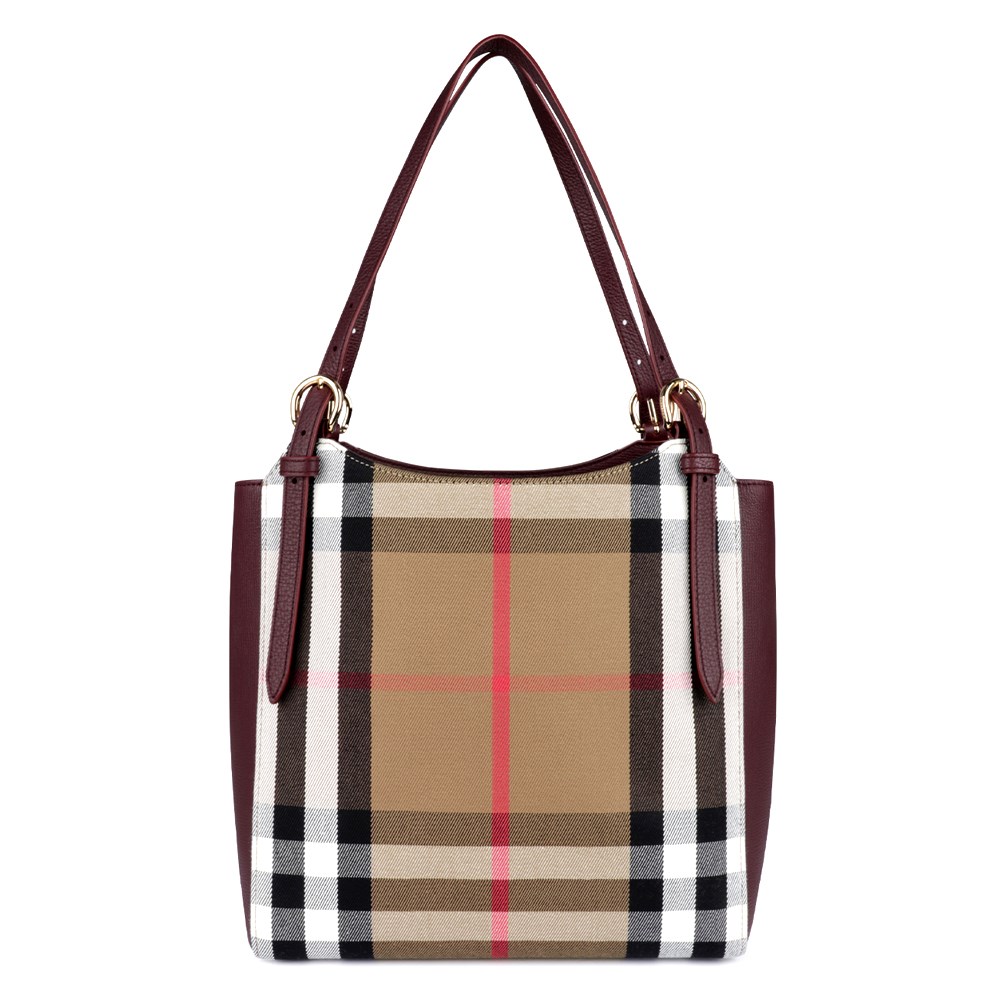 【BURBERRY 巴寶莉】80737871 經典格紋拼接皮革手提單肩包(酒紅色)