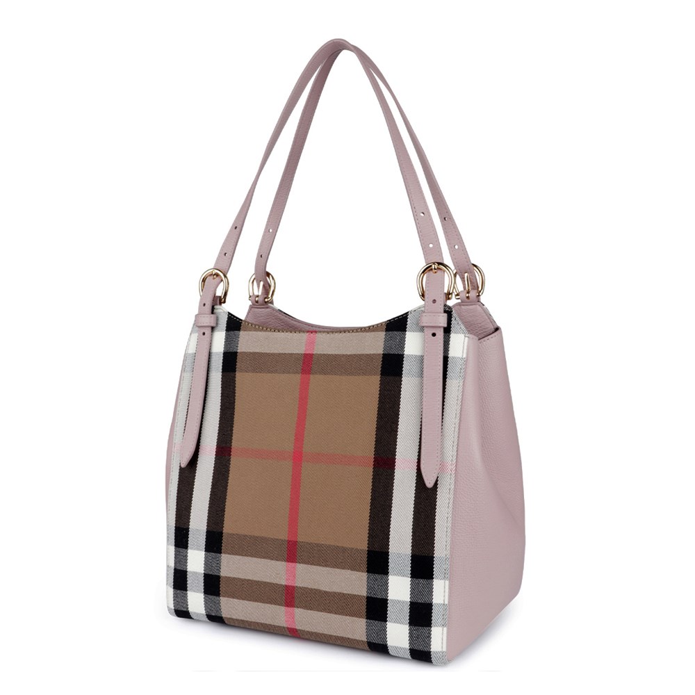 【BURBERRY 巴寶莉】80737881 經典格紋拼接皮革手提單肩包(粉色)