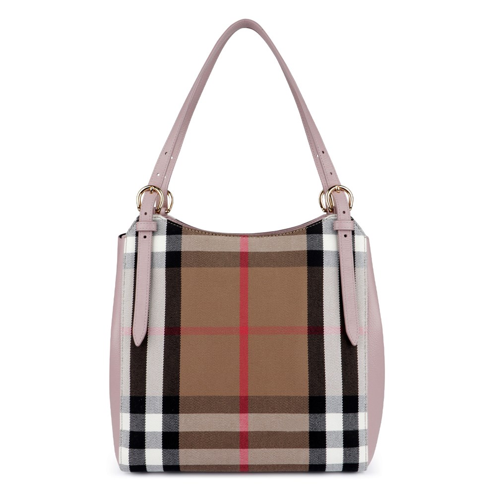 【BURBERRY 巴寶莉】80737881 經典格紋拼接皮革手提單肩包(粉色)