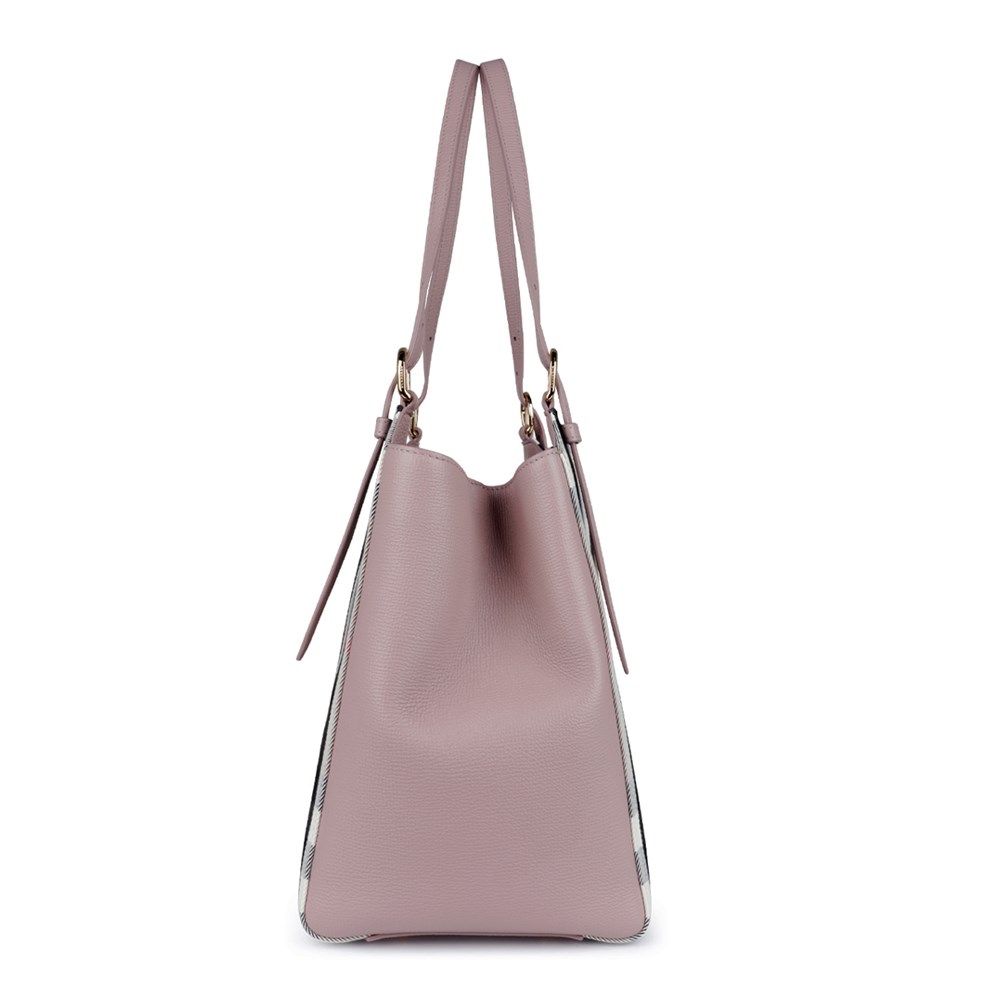 【BURBERRY 巴寶莉】80737881 經典格紋拼接皮革手提單肩包(粉色)