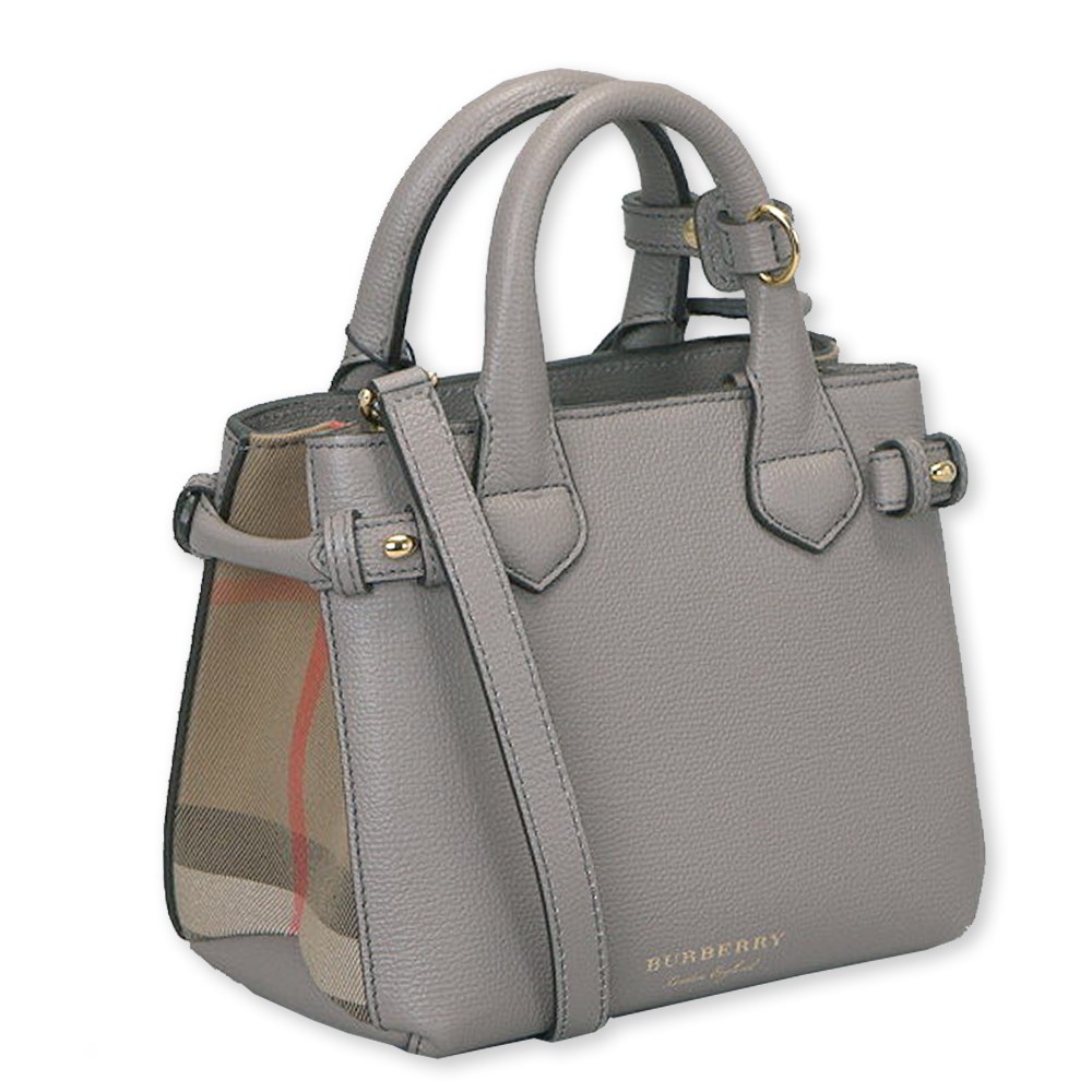 【BURBERRY 巴寶莉】80277511 經典 Banner皮革拚接格紋迷你手提包/斜背包(灰色)