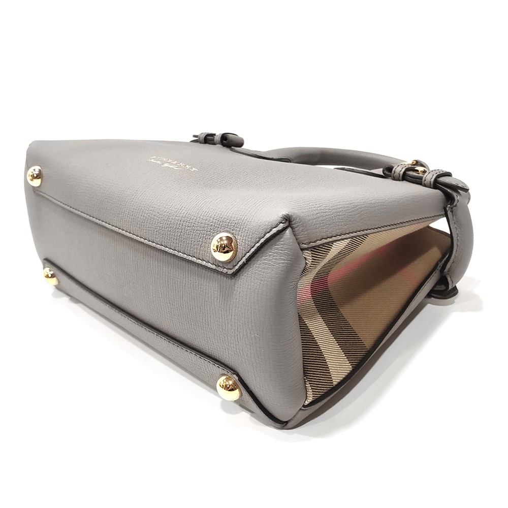 【BURBERRY 巴寶莉】80277511 經典 Banner皮革拚接格紋迷你手提包/斜背包(灰色)