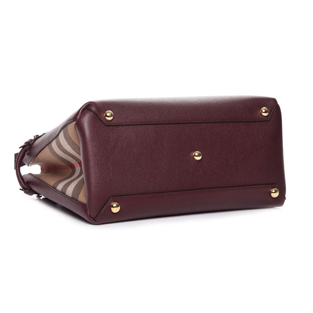 【BURBERRY 巴寶莉】40236971 經典Banner皮革拚接格紋大型手提包/肩背包(酒紅色)
