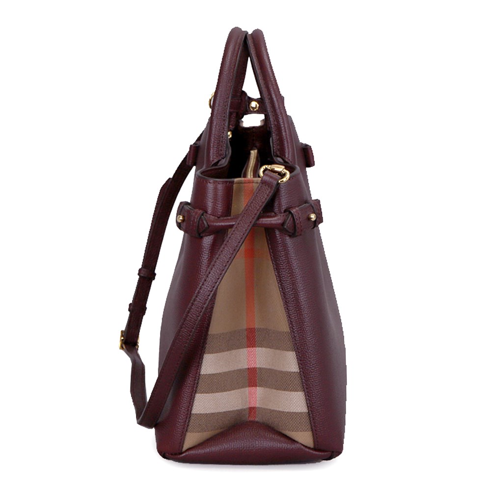 【BURBERRY 巴寶莉】40236971 經典Banner皮革拚接格紋大型手提包/肩背包(酒紅色)