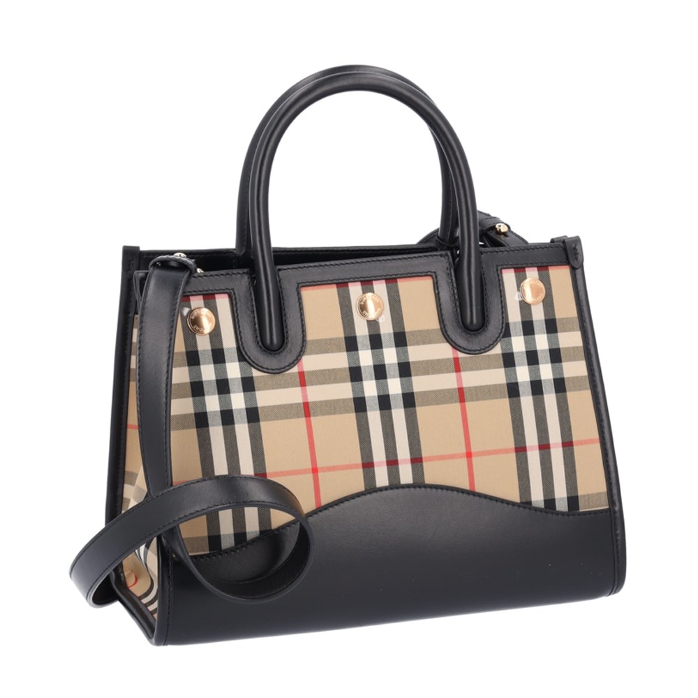 【BURBERRY 巴寶莉】80754231  經典Title系列格紋拼皮革手提斜背兩用包(黑色)