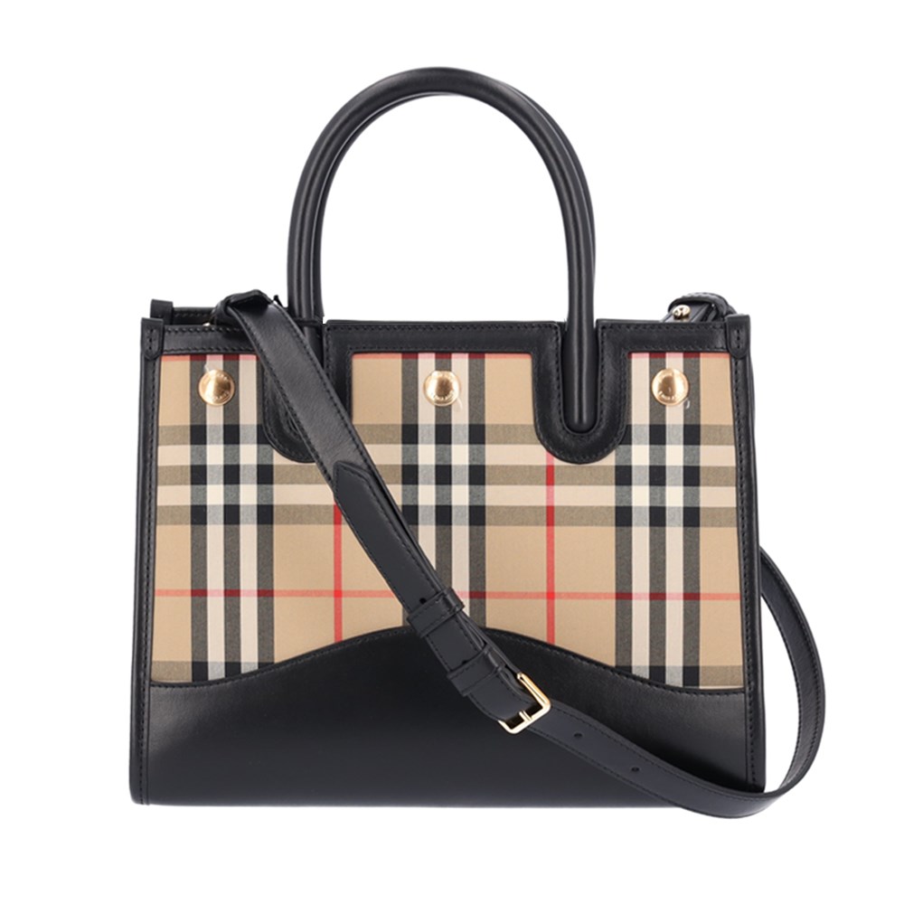 【BURBERRY 巴寶莉】80754231  經典Title系列格紋拼皮革手提斜背兩用包(黑色)