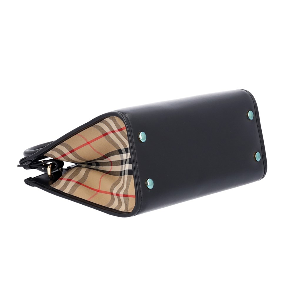 【BURBERRY 巴寶莉】80754231  經典Title系列格紋拼皮革手提斜背兩用包(黑色)