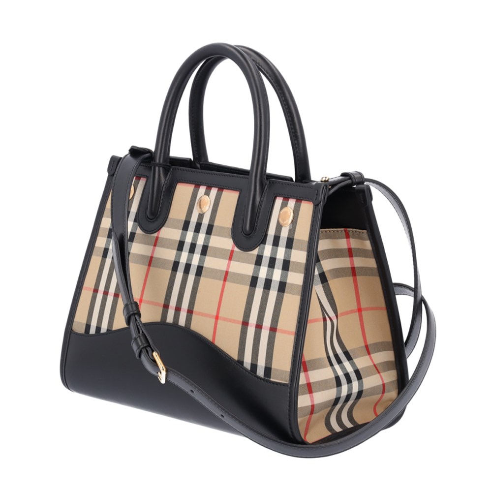 【BURBERRY 巴寶莉】80754231  經典Title系列格紋拼皮革手提斜背兩用包(黑色)