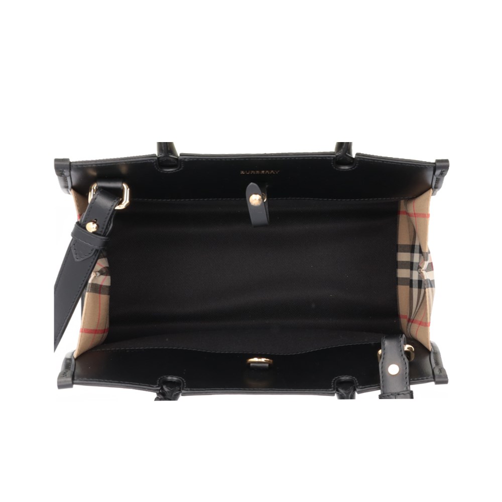 【BURBERRY 巴寶莉】80754231  經典Title系列格紋拼皮革手提斜背兩用包(黑色)