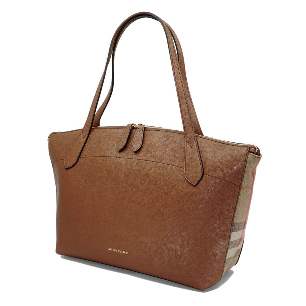 【BURBERRY 巴寶莉】80363481 經典素面側邊拼接格紋托特肩背包(棕色)