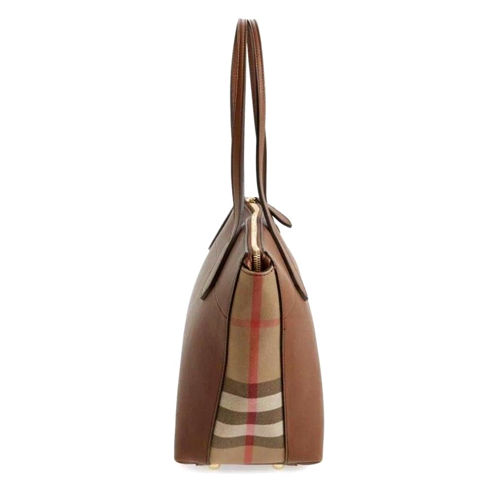 【BURBERRY 巴寶莉】80363481 經典素面側邊拼接格紋托特肩背包(棕色)