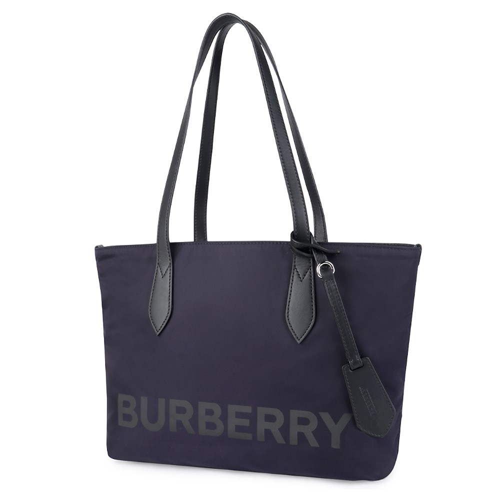 【BURBERRY 巴寶莉】80528581 經典燙印LOGO尼龍手提肩購物包托特包(深藍色)