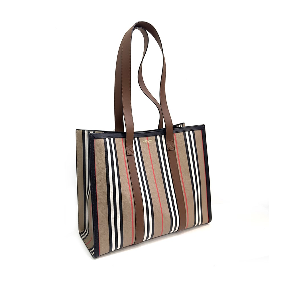 【BURBERRY 巴寶莉】80730561 經典LOGO拼條紋帆布托特肩背包(卡其色)