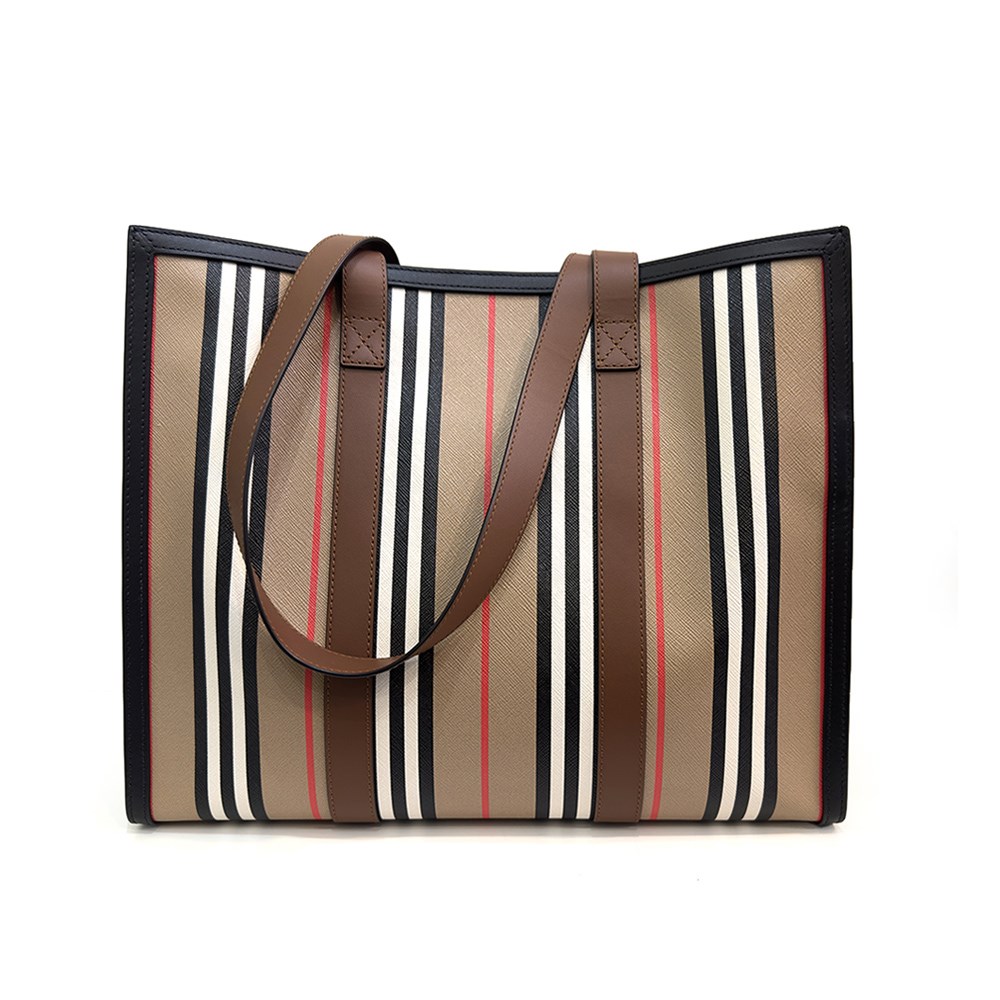 【BURBERRY 巴寶莉】80730561 經典LOGO拼條紋帆布托特肩背包(卡其色)