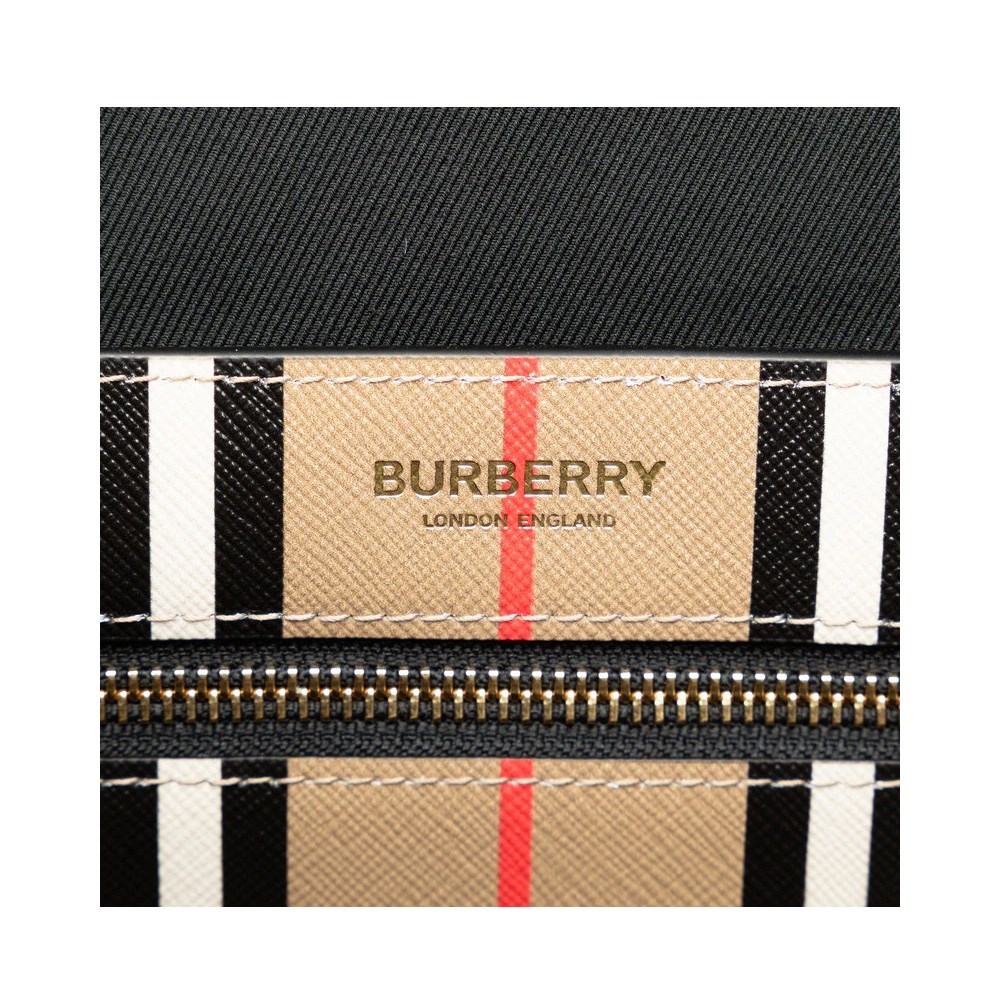 【BURBERRY 巴寶莉】80730571 經典LOGO拼條紋帆布托特肩背包(卡其色)