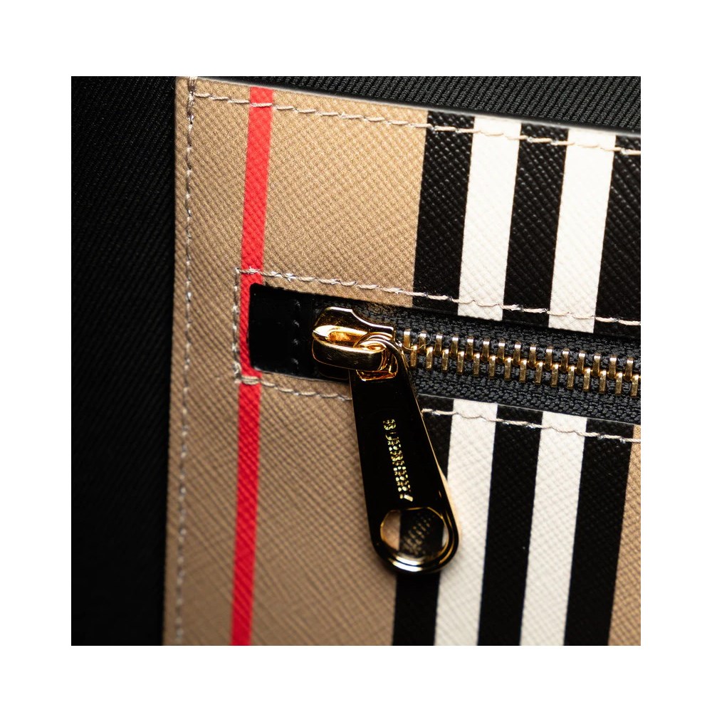 【BURBERRY 巴寶莉】80730571 經典LOGO拼條紋帆布托特肩背包(卡其色)