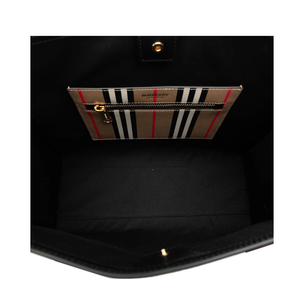【BURBERRY 巴寶莉】80730571 經典LOGO拼條紋帆布托特肩背包(卡其色)