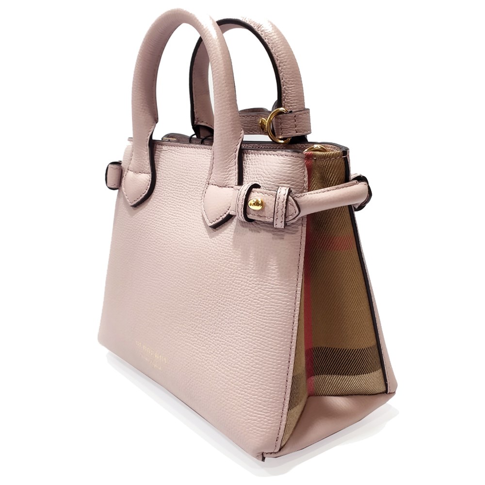 【BURBERRY 巴寶莉】40237011  經典Banner皮革拚接格紋中型手提包/斜背包(粉色)