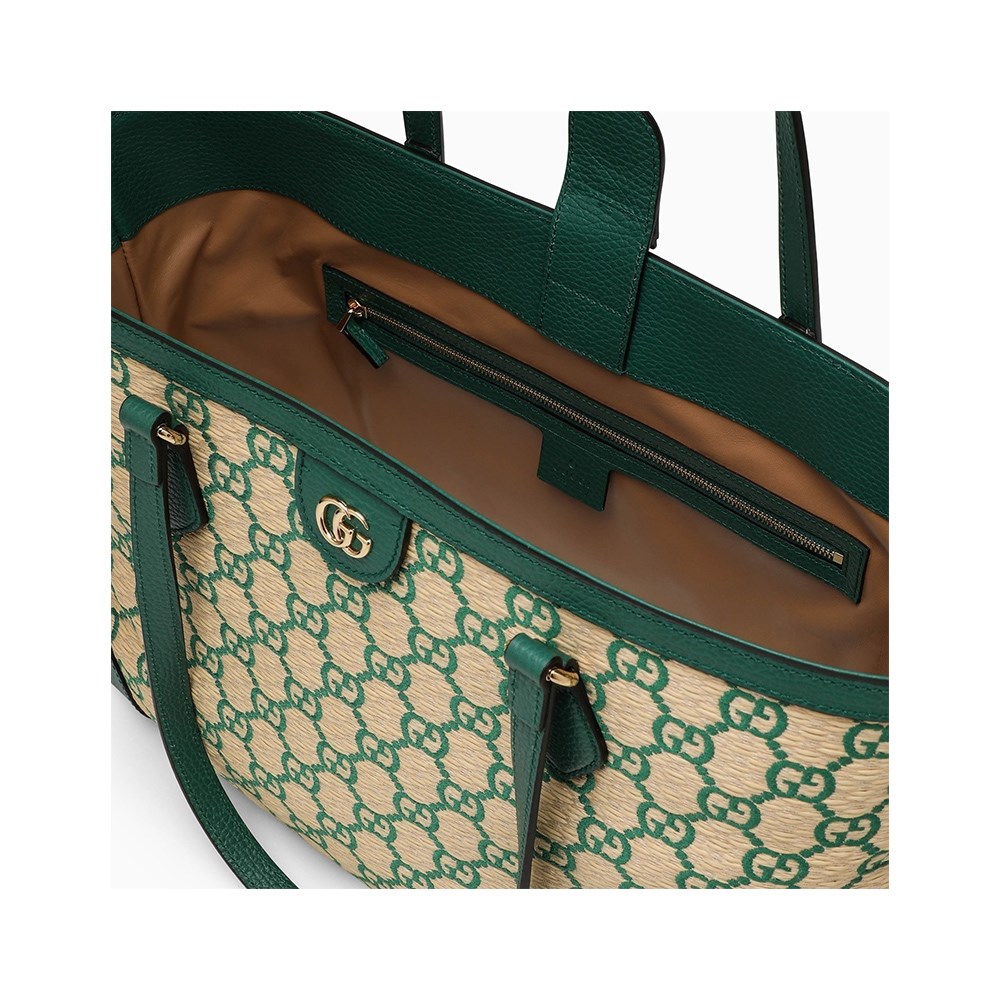 【GUCCI 古馳】631685 經典GG LOGO系列草編拉菲草牛皮飾邊手提肩背媽媽包購物包(綠色)