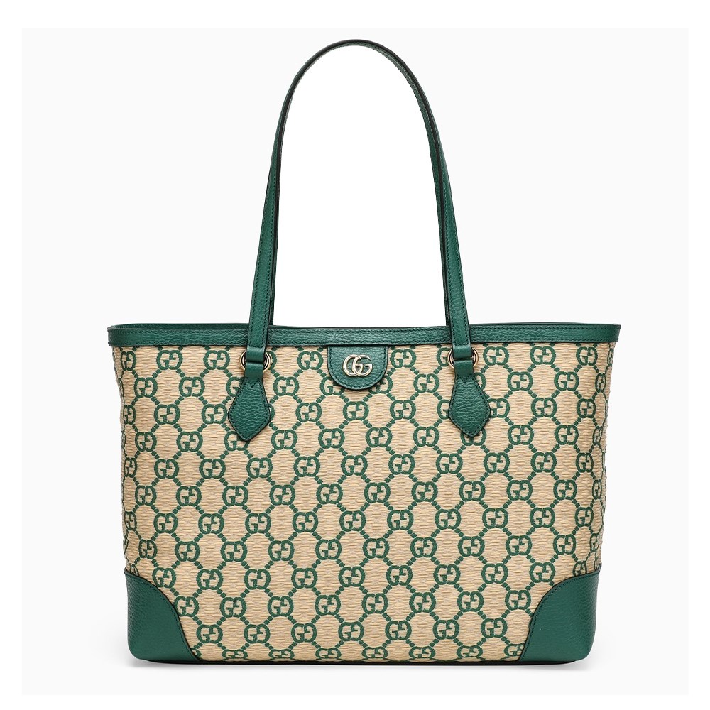 【GUCCI 古馳】631685 經典GG LOGO系列草編拉菲草牛皮飾邊手提肩背媽媽包購物包(綠色)