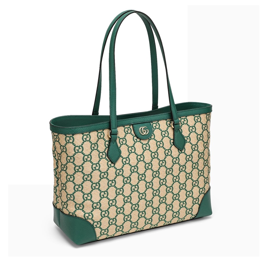 【GUCCI 古馳】631685 經典GG LOGO系列草編拉菲草牛皮飾邊手提肩背媽媽包購物包(綠色)
